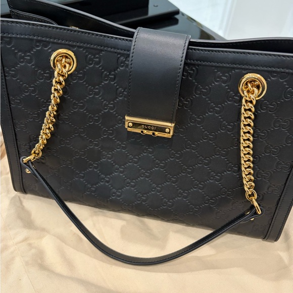Gucci Handbags - Gucci Black Leather Tote with Gold Chain Accents